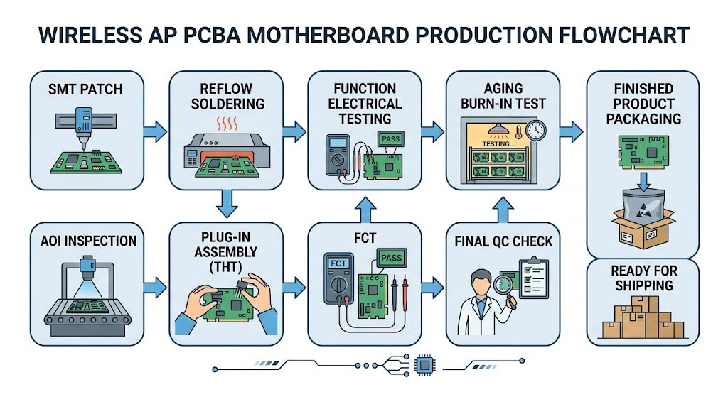 Flow diagram showing the mass production process from SMT to packaging