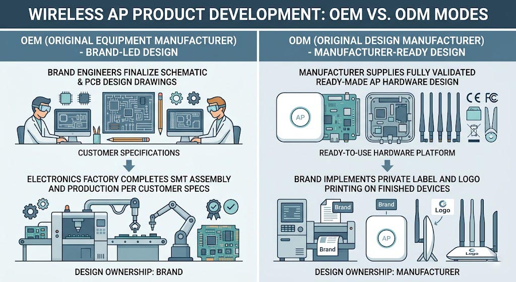 OEM vs ODM production model comparison diagram for wireless AP manufacturing, difference between OEM custom production and ODM private label design