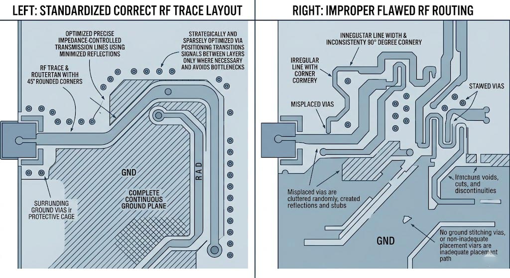 Correct vs incorrect RF trace routing comparison diagram on AP PCB, impedance control, via layout and ground plane design principles