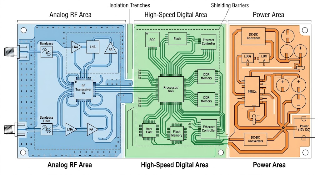 PCB functional zoning diagram of RF, digital and power circuits with high frequency signal isolation layout design