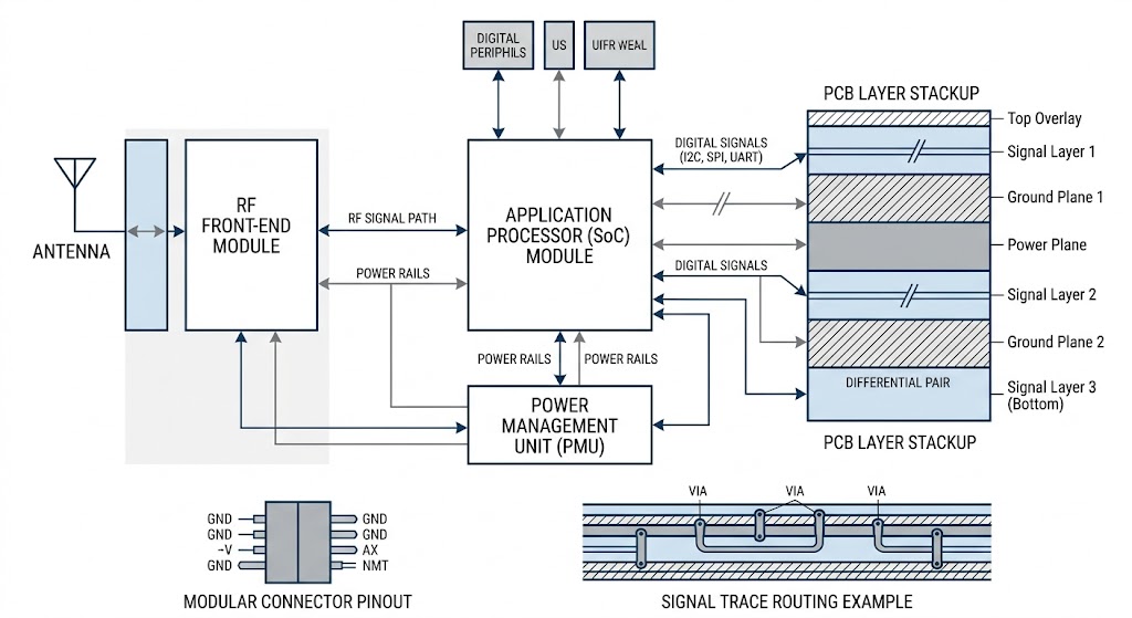 Wireless AP motherboard system block diagram showing SoC, RF front-end, antenna, power management, and PCB layers