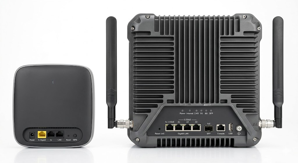 Home vs enterprise wireless AP side-by-side comparative product photo
