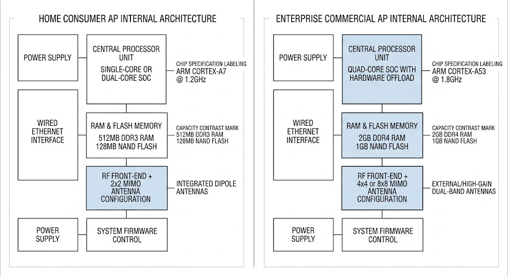 Home vs enterprise AP core hardware architecture comparative block diagram

