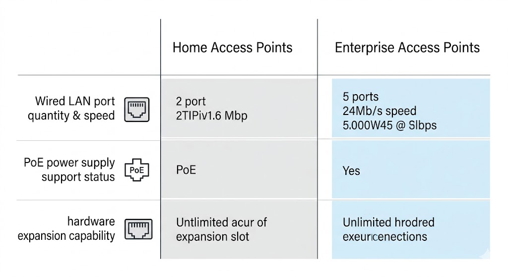  Comparison chart showing connectivity features of home vs enterprise APs