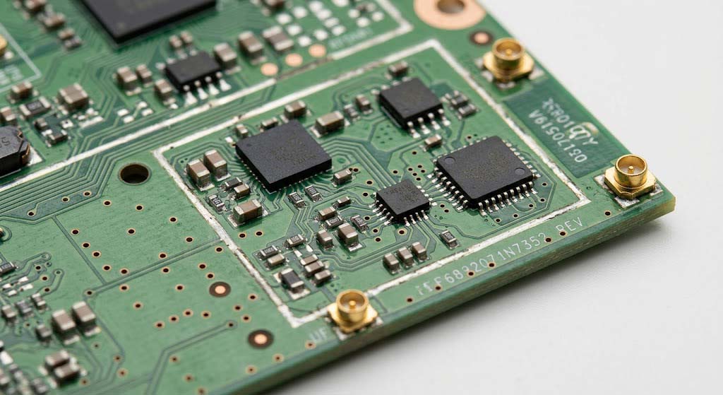 Close-up photo of RF front-end PA, LNA, switch and FEM SMD components on wireless AP PCB motherboard

