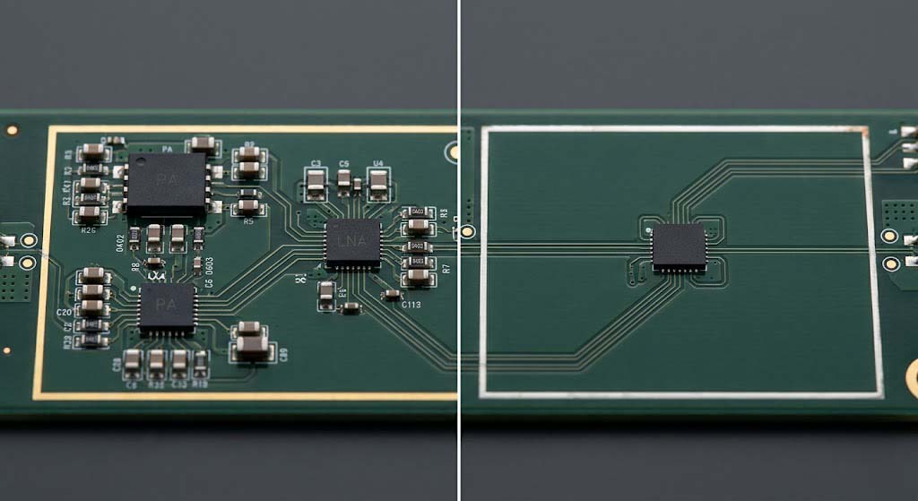 Comparison diagram showing integrated FEM vs discrete components on PCB