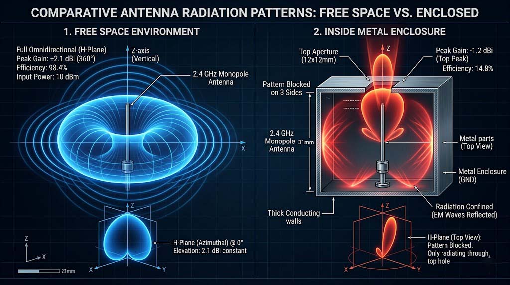 Side-by-side antenna radiation pattern comparison: free-space omnidirectional vs metal enclosure restricted radiation
