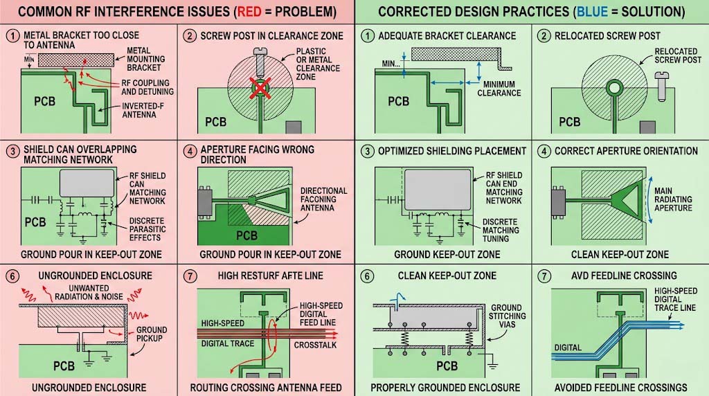 Side-by-side AP mechanical RF interference comparison diagram, red faulty layout vs green optimized corrected antenna PCB design
