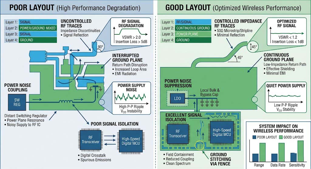 Diagram showing overall impact of PCB layout on wireless performance, highlighting RF traces, ground plane, power noise, and signal isolation
