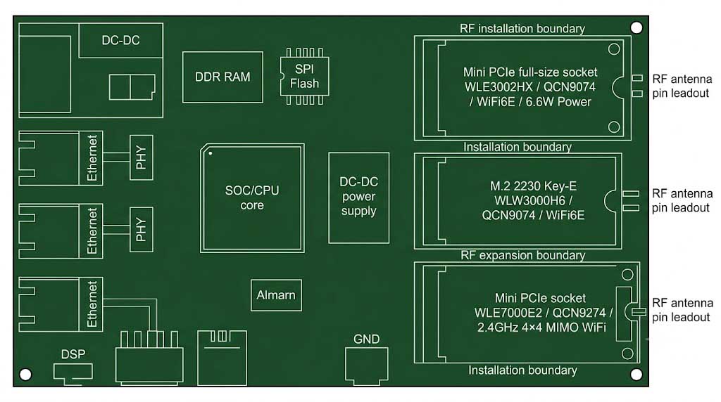 Industrial gateway PCB schematic with 3 WiFi slots: Mini PCIe WLE3002HX, M.2 2230 WLW3000H6, Mini PCIe WLE7000E2