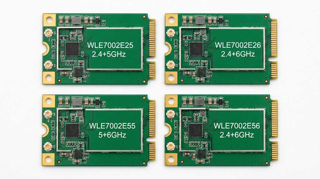 WLE7002 series Mini PCIe WiFi module 2×2 layout, same PCB different frequency variants E25 E26 E55 E56
