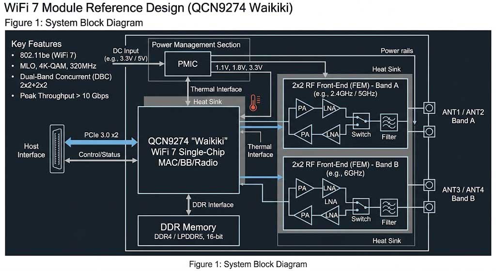 QCN9274 WiFi7 reference design block diagram with RF, PCIe, DDR and power management
