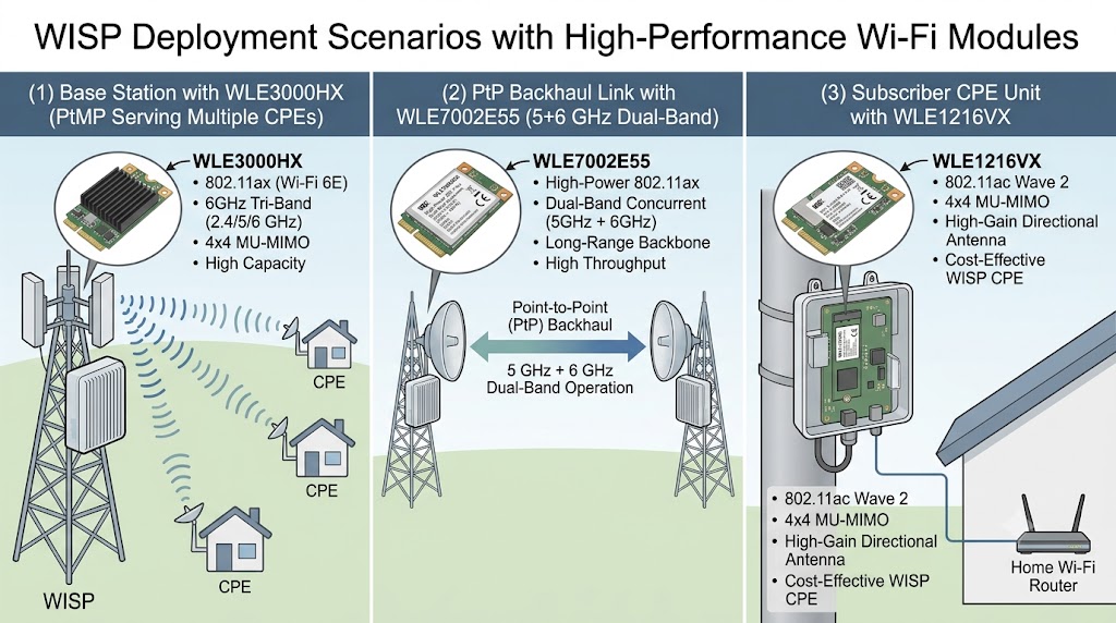 WISP deployment schematic with WLE3000HX WLE7002E55 WLE1216VX three application scenarios
