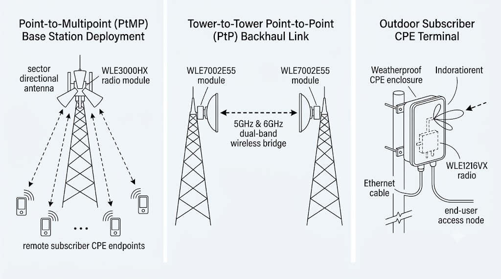 WISP network diagram with WLE3000HX, WLE7002E55, WLE1216VX RF modules