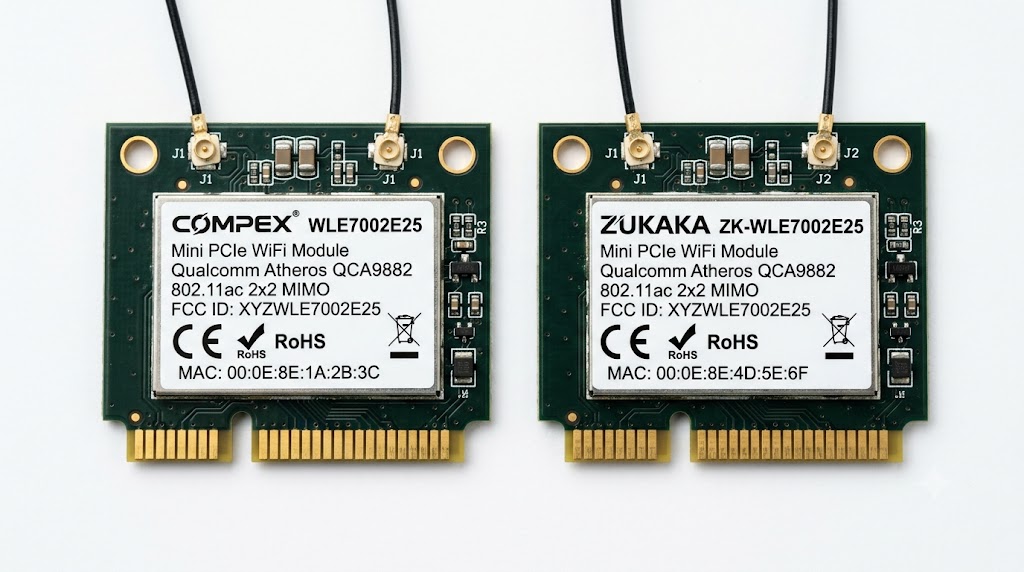 Side-by-side Mini PCIe comparison: Compex WLE7002E25 vs Zukaka ZK-WLE7002E25 identical PCB module

