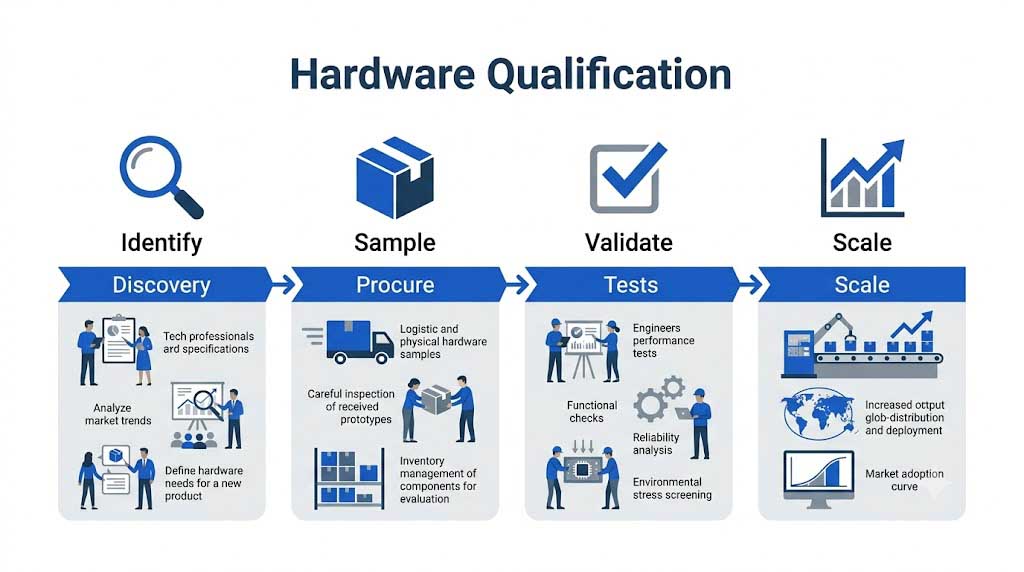 4-step hardware qualification workflow: Identify, Sample, Validate, Scale flat vector flowchart