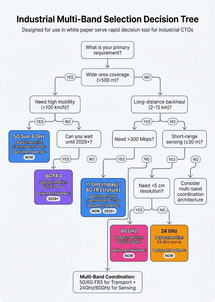 Industrial Multi-Band Selection Decision Tree — Step-by-step band selection based on coverage, mobility, distance, and resolution requirements Industrial Multi-Band Selection Decision Tree — Flowchart guiding readers from primary requirement (wide-area coverage, long-distance backhaul, or short-range sensing) to recommended band (5G, 6G FR3, 11GHz, 24GHz, or 60GHz)