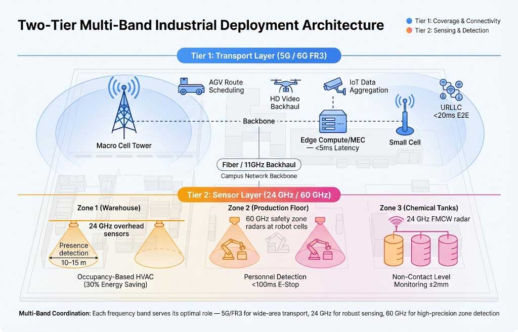 Two-Tier Multi-Band Industrial Deployment Architecture — 5G/FR3 for transport + 24GHz/60GHz for sensing Two-Tier Multi-Band Industrial Deployment Architecture — Tier 1 uses 5G/6G FR3 for wide-area transport (AGV scheduling, video, IoT) while Tier 2 uses 24 GHz/60 GHz radar for zone-based sensing (occupancy, safety, level monitoring)