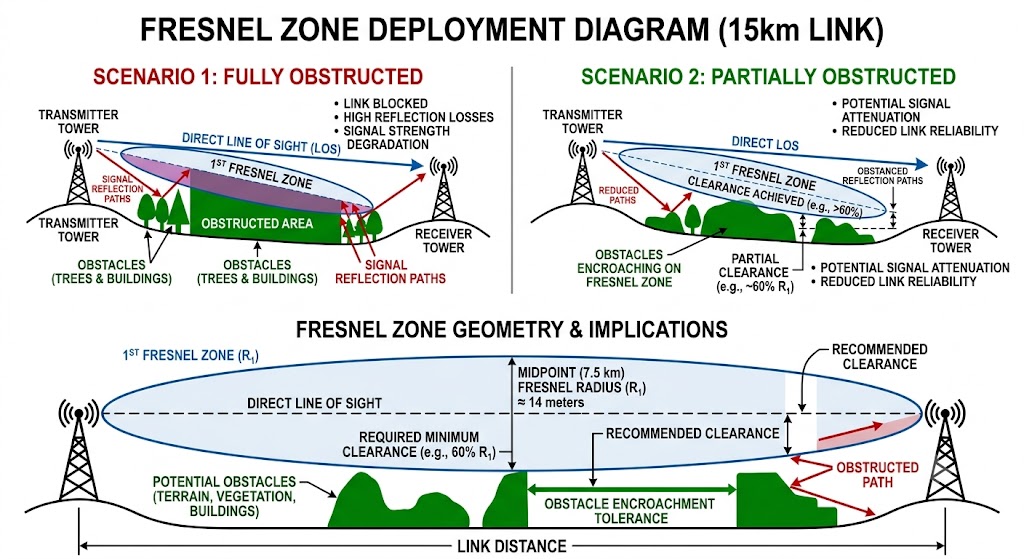 Fresnel zone clearance diagram for 15km wireless bridge link showing elliptical zone radius of 14 meters at midpoint, obstacles and path obstruction