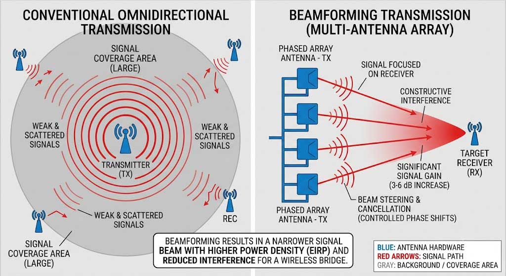 Beamforming technology diagram comparing omnidirectional transmission versus focused directional signal to target receiver with 3-6dB signal gain improvement