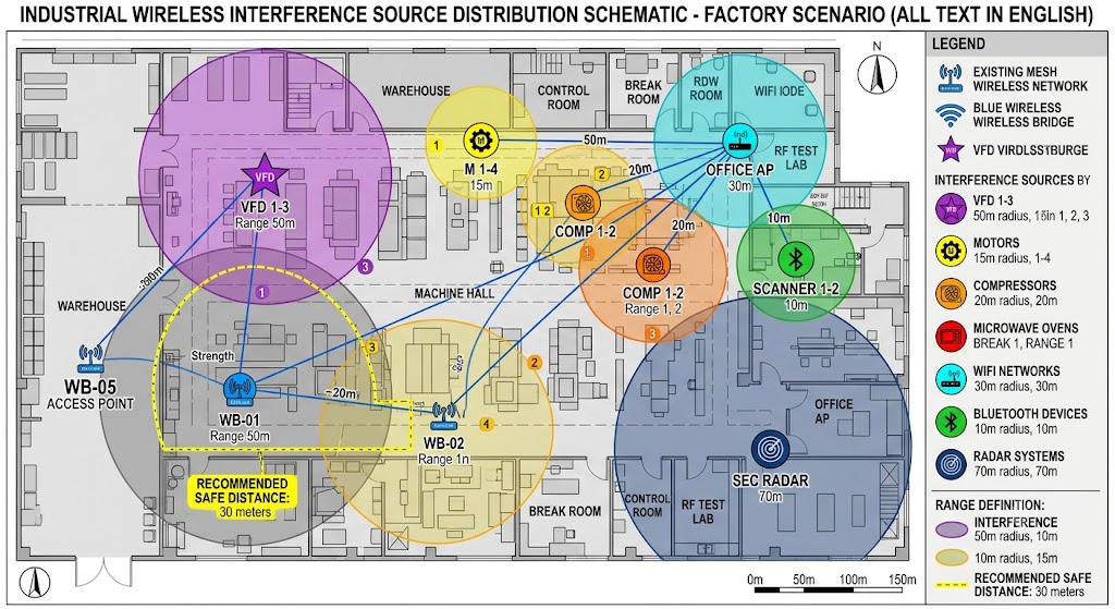 Industrial wireless interference sources diagram showing VFD, motor, compressor, microwave, WiFi, Bluetooth and radar interference in factory environment