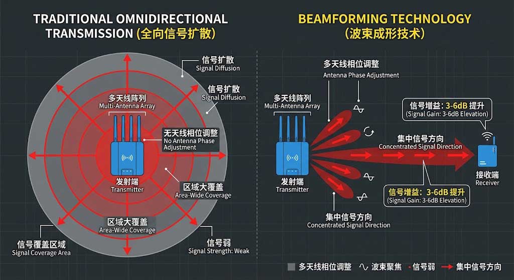 波束赋形技术示意图，对比全向传输与聚焦定向信号至目标接收机，信号增益提升 3-6dB
