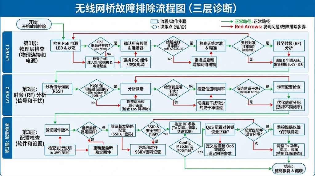 无线网桥故障排除流程图，显示三层诊断过程：物理层检查、射频分析和配置审查，含决策路径
