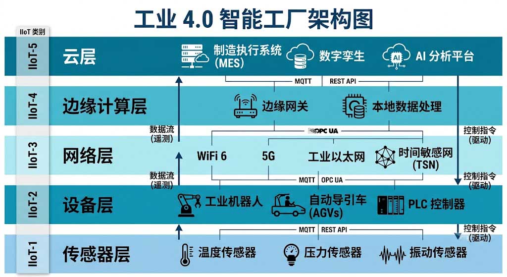 工业4.0智能工厂架构图,显示五层层级结构及IIoT应用类别映射