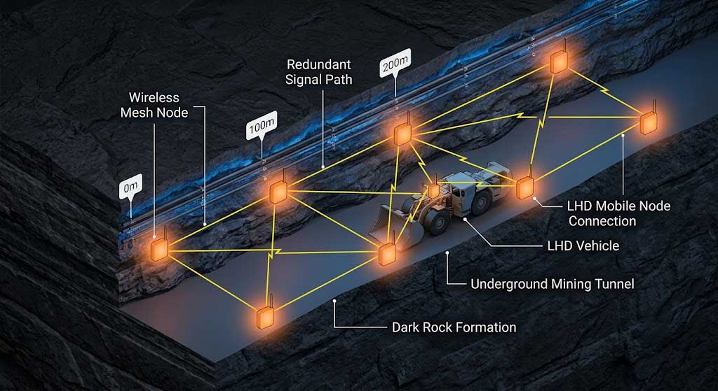 Underground mining tunnel cross-section showing wireless mesh network nodes spaced along tunnel walls with multi-hop signal relay paths and a connected LHD mining vehicle