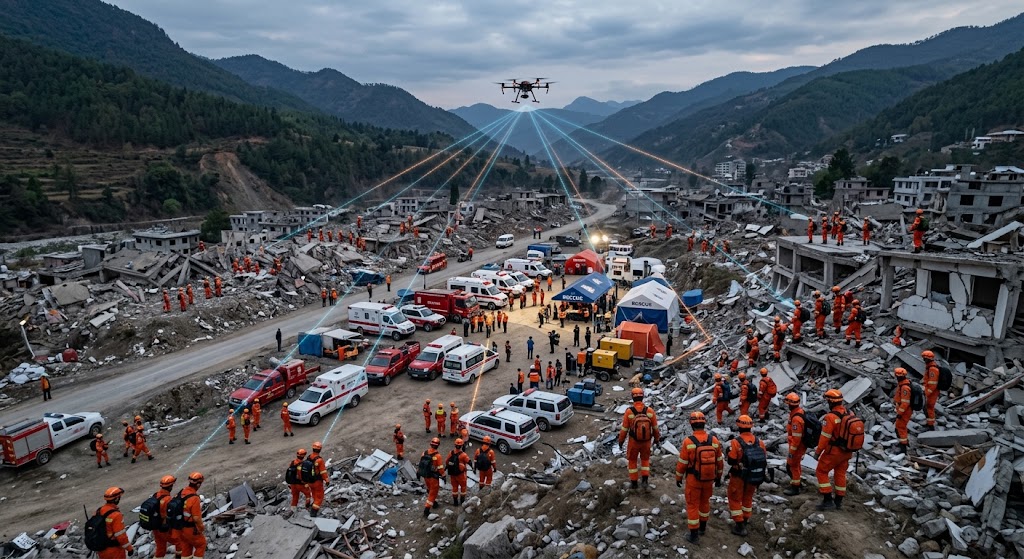 Layered air-ground hybrid 1.4G Mesh networking architecture for earthquake rescue operations