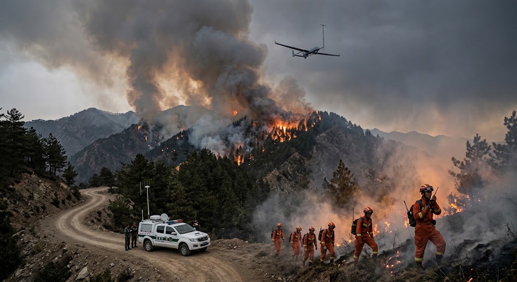 Real scene of air-ground hybrid Mesh networking under smoke and tree-line occlusion in a plateau mountain forest fire