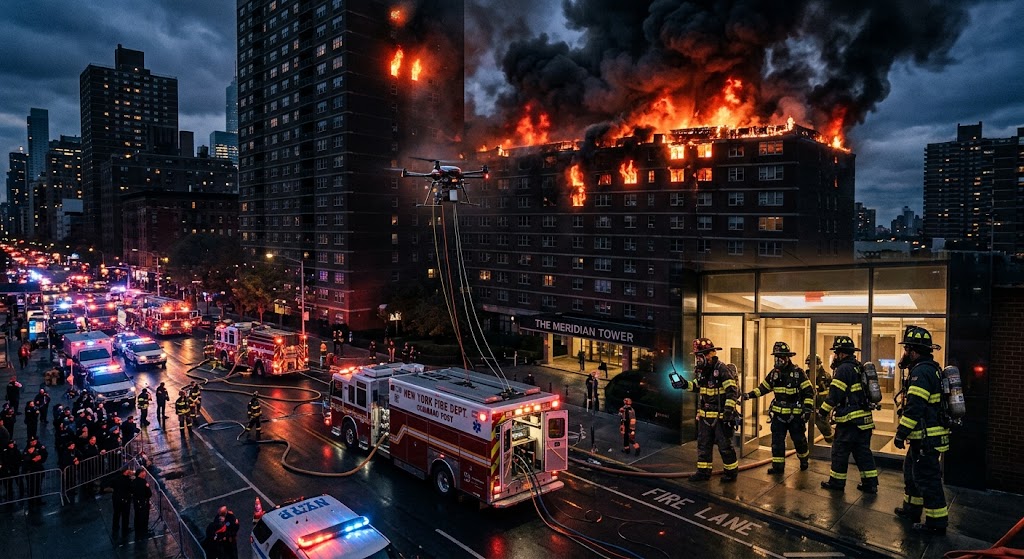 At a high-rise building fire, a ground forward-command vehicle, a tethered drone rising as an air relay, a firefighter holding a P5 handheld terminal going deep into smoke-filled stairwells, fire spreading upward, a mixed top-down and close-up view of an urban high-rise building cluster