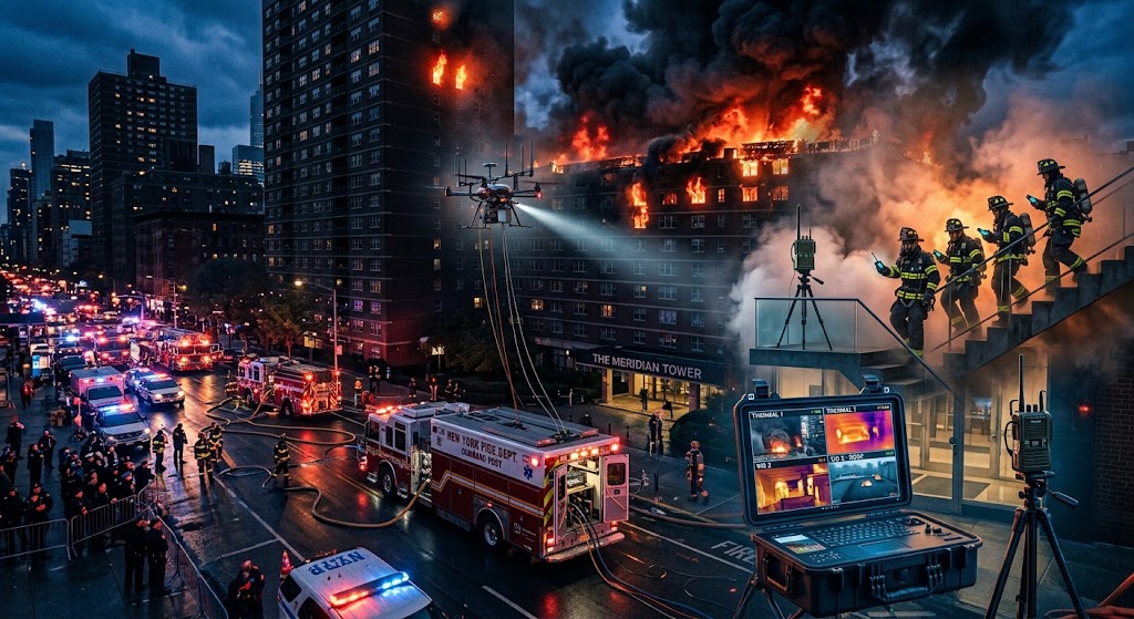 A fireground network topology diagram: a ground command vehicle and portable command platform form the center, two backpack relay radios set up on a floor and outdoors, a tethered drone rising as an elevated backhaul, several firefighters holding handheld terminals going deep into the building, links joining the command end in a multi-hop mesh