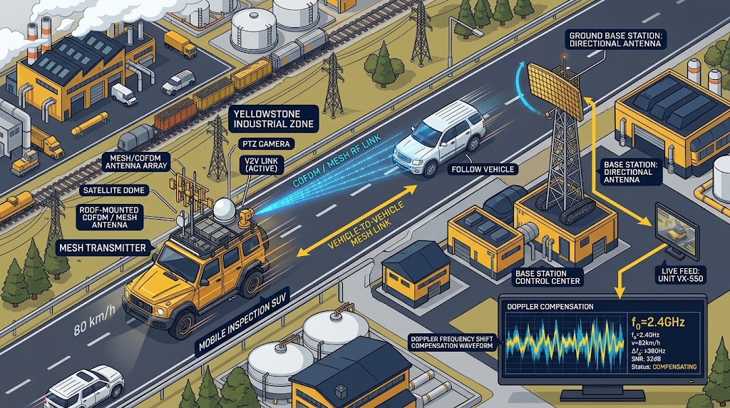 Vehicular mobile COFDM/MESH video transmission architecture