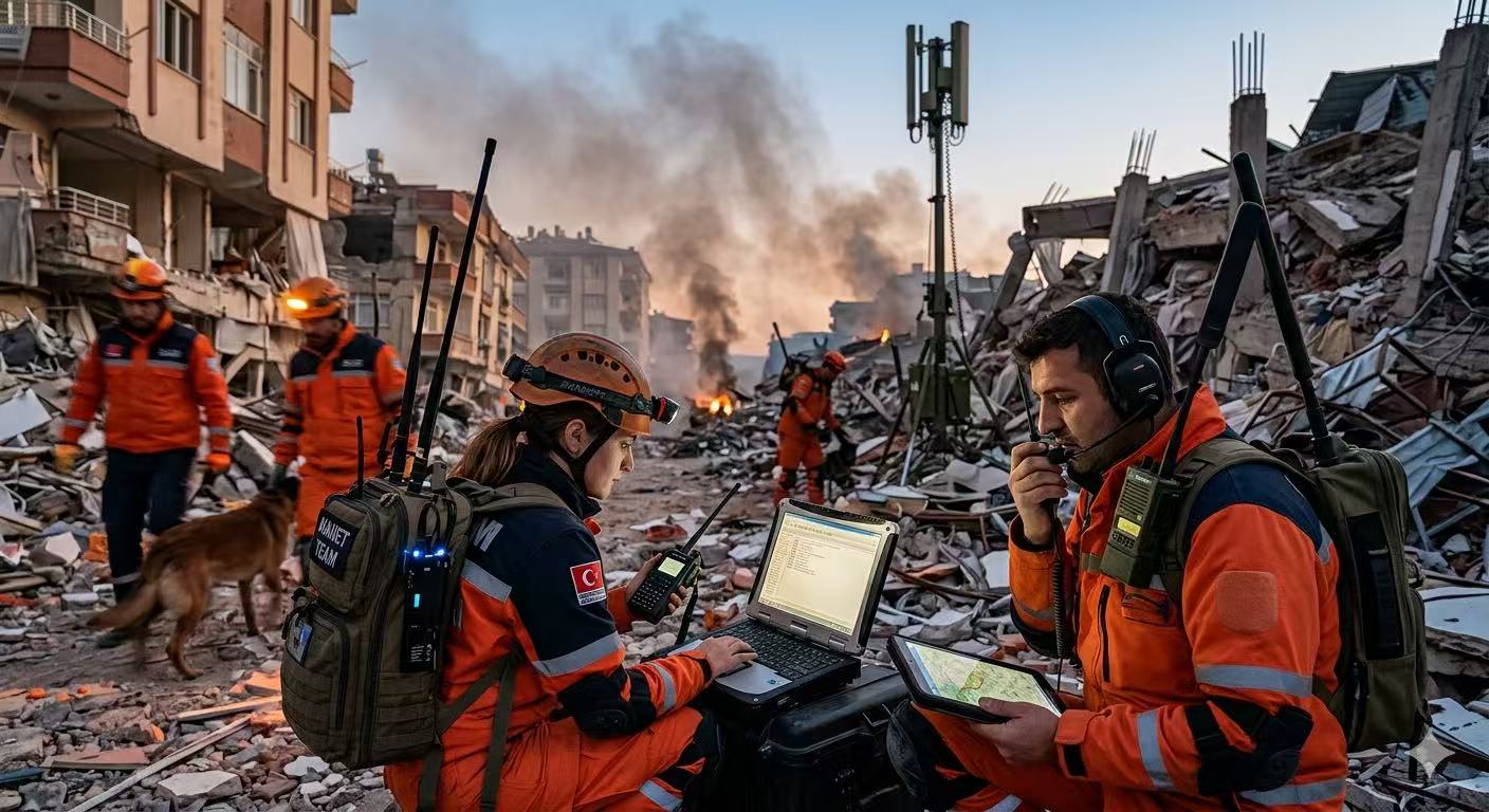 Emergency responders deploying YN300 MANET nodes in disaster zone with mesh network overlay showing incident command, rescue teams, and mobile relay nodes connected through multi-hop wireless links