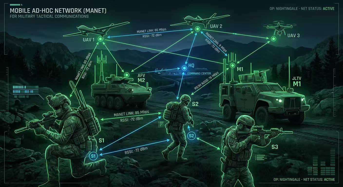 Military MANET tactical communication network connecting soldiers, vehicles, and drones through a self-healing wireless mesh in a battlefield environment