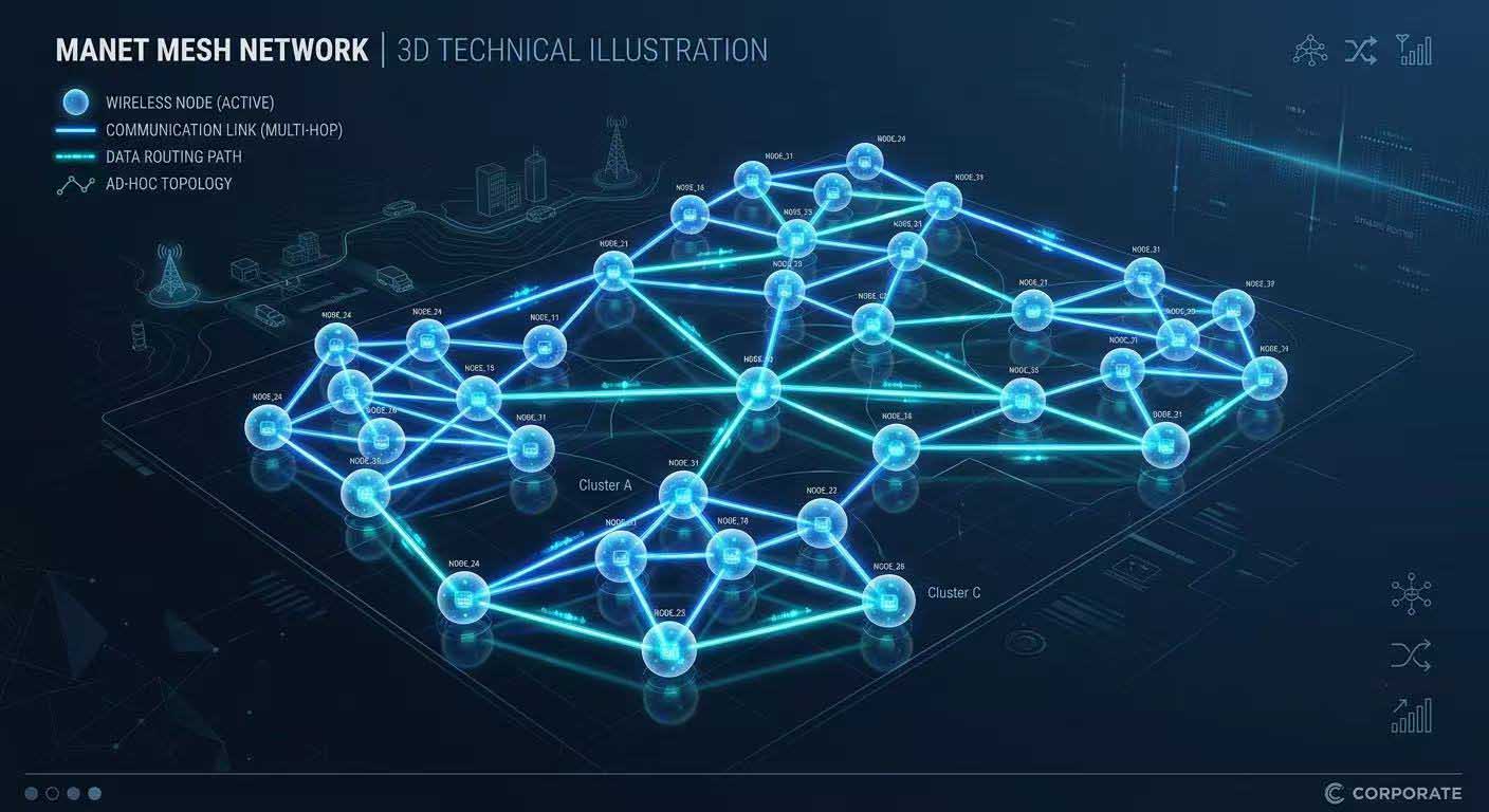 Modern MANET mesh network visualization showing interconnected nodes