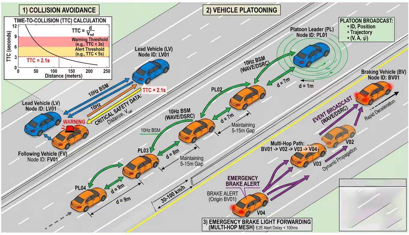V2V vehicle-to-vehicle communication diagram showing collision avoidance using Time-to-Collision algorithm with ECDSA security signing and SCMS certificate management