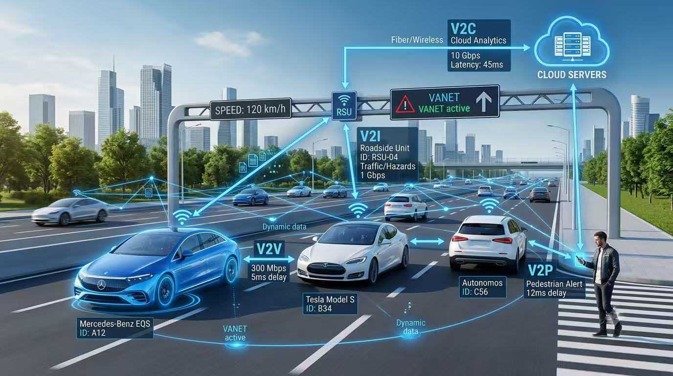 VANET V2X communication architecture diagram showing a highway scene with vehicles communicating via V2V, V2I road-side units, V2P pedestrians, and V2C cloud telematics integration