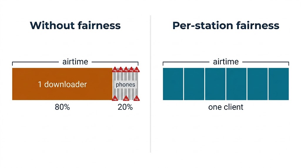 Before-and-after airtime allocation chart: without fairness one downloading laptop captures most airtime and nearby phones lag, while per-station fairness gives each active client a comparable share
