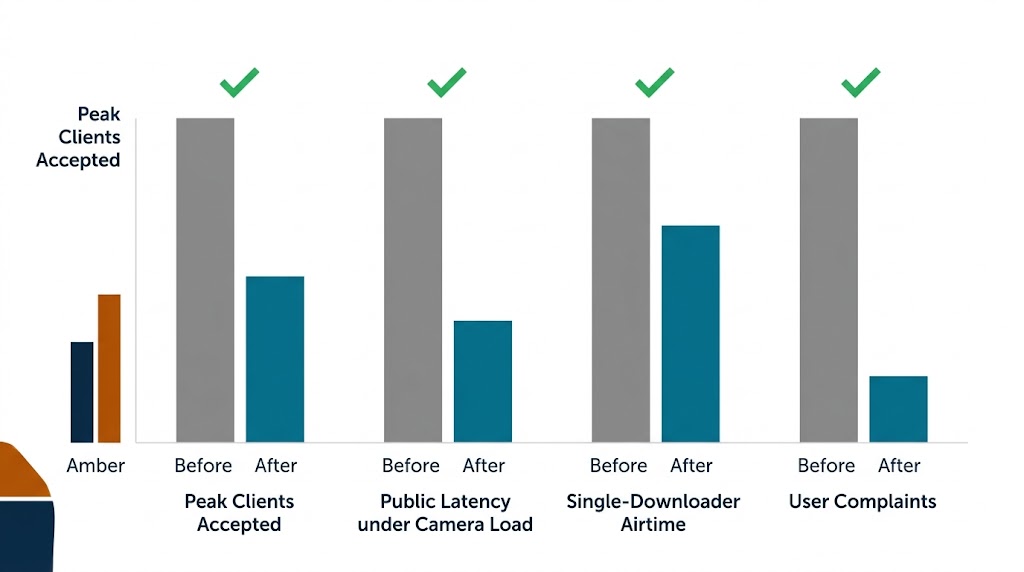 Before-and-after chart of the three-fix package under sustained weekend load: peak accepted clients, public latency under camera load, single-downloader airtime, and user complaints