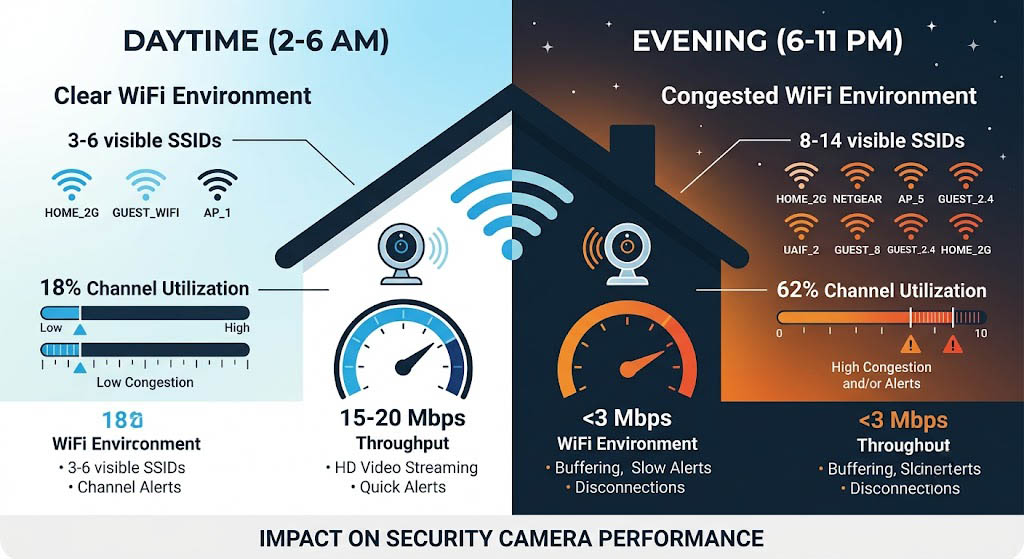 2.4 GHz WiFi congestion day vs evening comparison chart