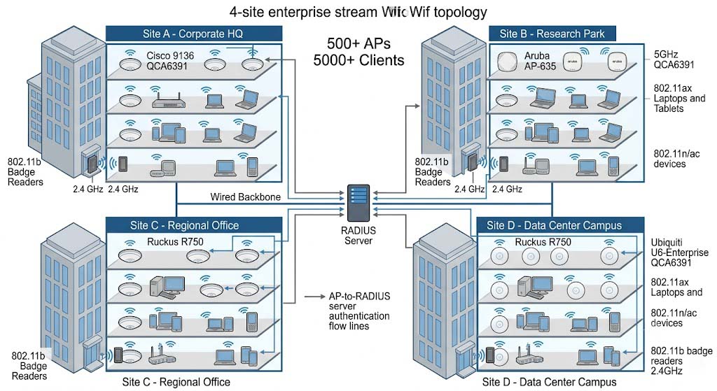 Enterprise AP 4-site network topology