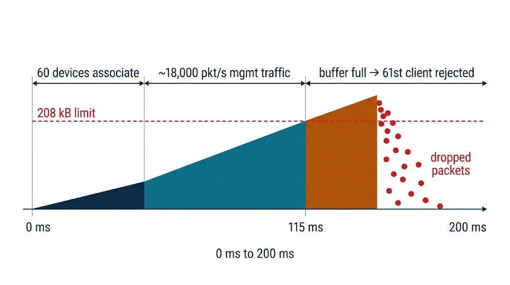 Timeline diagram of the Linux netlink receive buffer filling in about 115 ms under 18,000 management packets per second, causing the kernel to drop the overflow and the gateway to stop accepting new clients