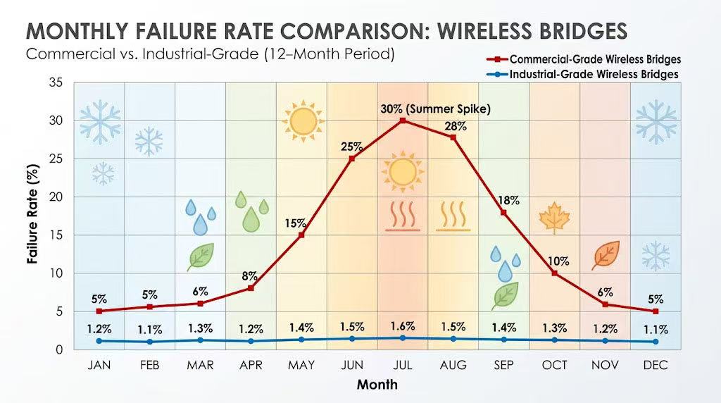 Temperature Impact on Wireless Bridge Failure Rate Comparison