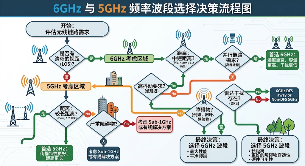 6GHz与5GHz频段选择决策流程图——根据视距、距离、并行链路、抖动、雷达、遮挡条件做出频段选择