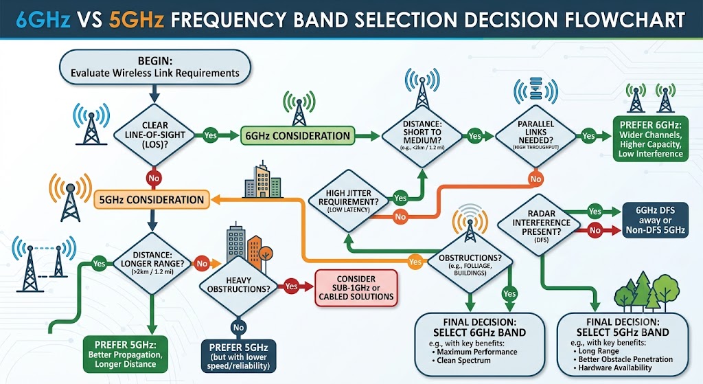 6GHz vs 5GHz frequency band selection decision flowchart based on LOS, distance, parallel links, jitter, radar, and obstruction conditions