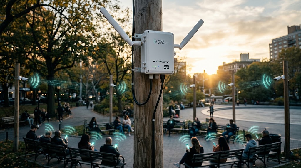 Pole-mounted Wi-Fi 6 converged edge gateway serving public Wi-Fi phones and a ring of CCTV cameras over a single PoE+ line and shared uplink
