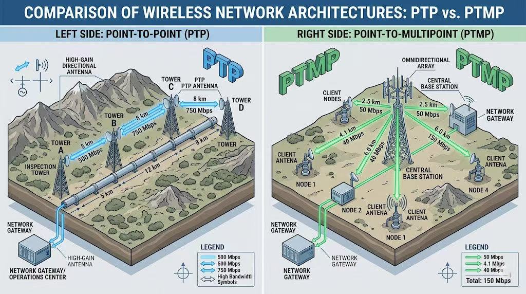 Point-to-Point vs Point-to-Multi-Point Wireless Architecture for Oil Pipeline