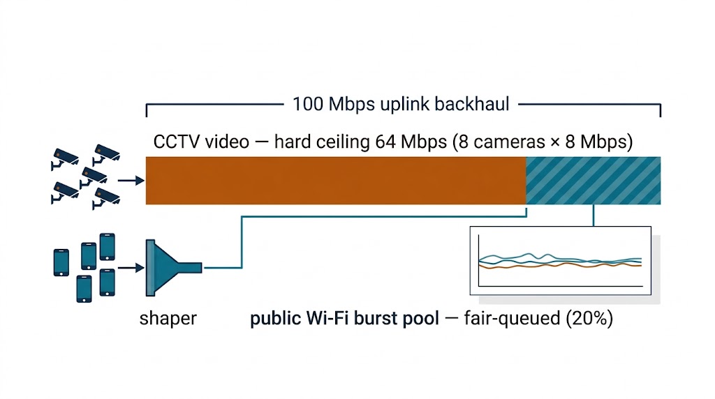 Uplink bandwidth budget diagram showing 64 Mbps hard-capped CCTV video ceiling plus a fair-queued shared burst pool for bursty public Wi-Fi traffic on a 100 Mbps backhaul
